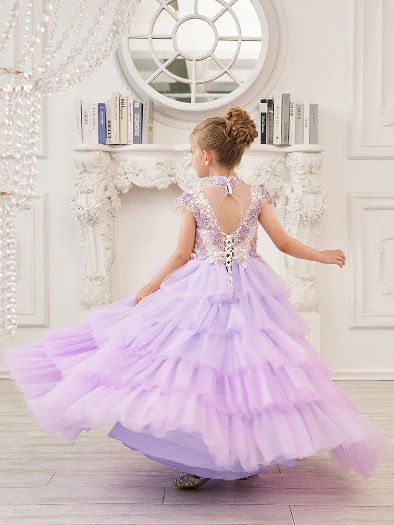 TinyTulle Lilac Cap Sleeve Lace Appliqué Tulle Flower Girl Dress for Special Occasions
