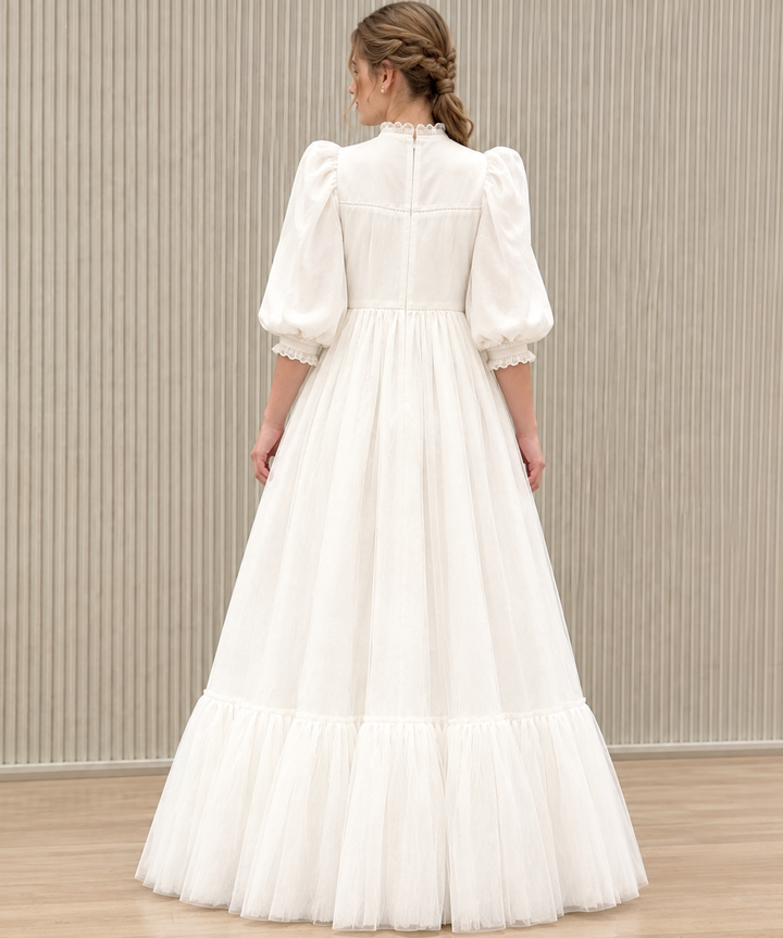 TinyTulle Ivory Floral Embroidered Tiered Tulle Flower Girl Dress with Long Puff Sleeves