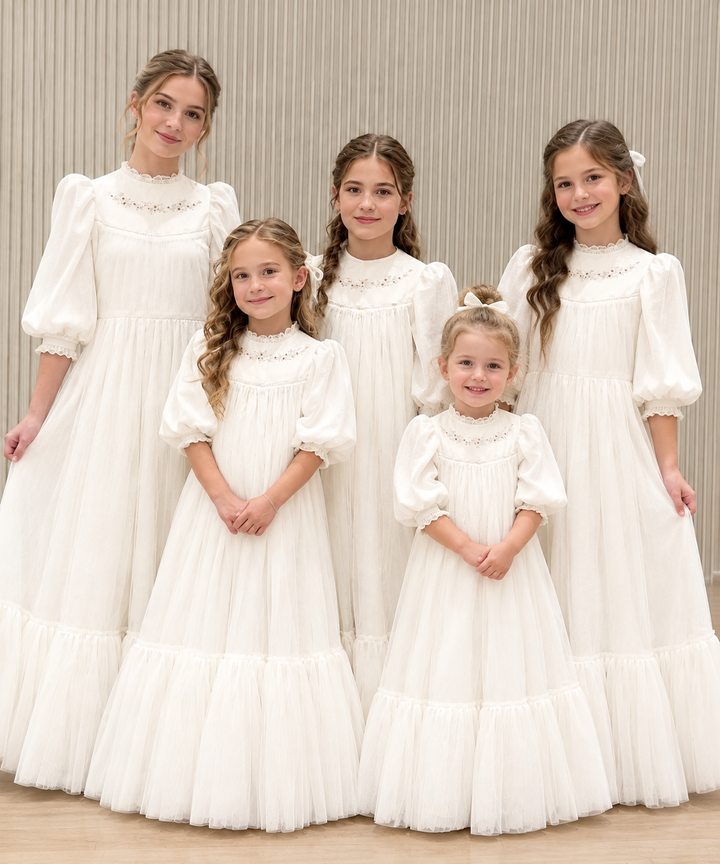 TinyTulle Ivory Floral Embroidered Tiered Tulle Flower Girl Dress with Long Puff Sleeves