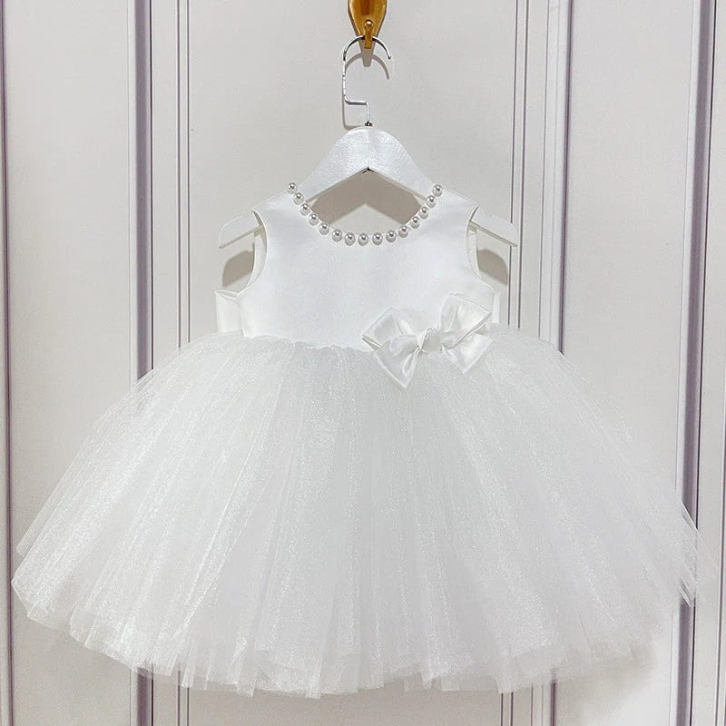 TinyTulle Timeless Elegant Satin Bodice Tulle A-Line Flower Girl Dress with Bow