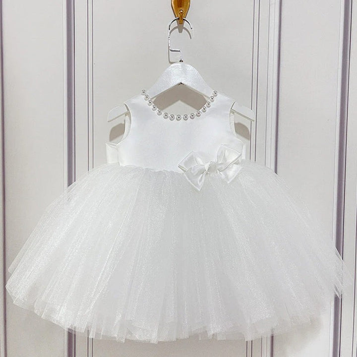 TinyTulle Timeless Elegant Satin Bodice Tulle A-Line Flower Girl Dress with Bow
