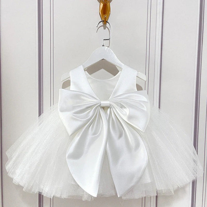 TinyTulle Timeless Elegant Satin Bodice Tulle A-Line Flower Girl Dress with Bow