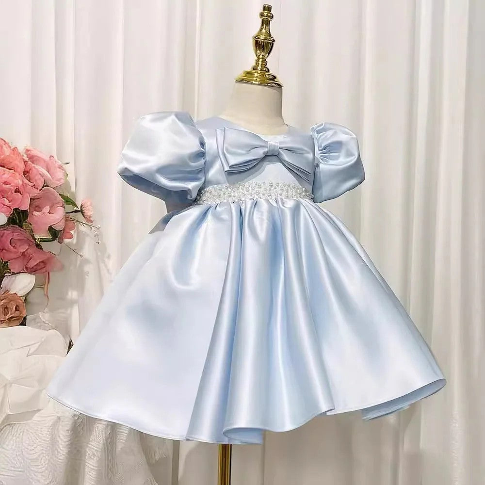 TinyTulle Elegant Satin Blue A-Line Flower Girl Dress with Beaded and Puff Sleeves