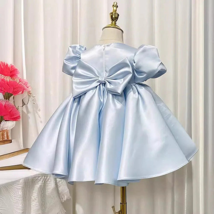 TinyTulle Elegant Satin Blue A-Line Flower Girl Dress with Beaded and Puff Sleeves