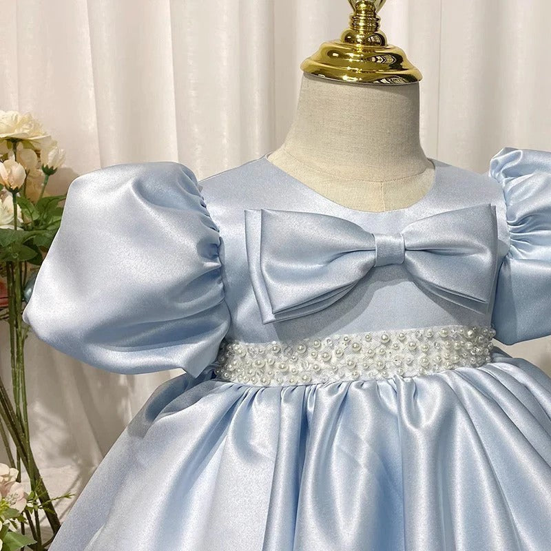 TinyTulle Elegant Satin Blue A-Line Flower Girl Dress with Beaded and Puff Sleeves