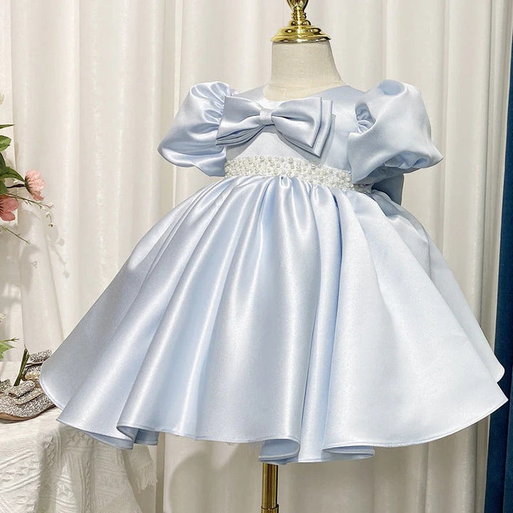 TinyTulle Elegant Satin Blue A-Line Flower Girl Dress with Beaded and Puff Sleeves