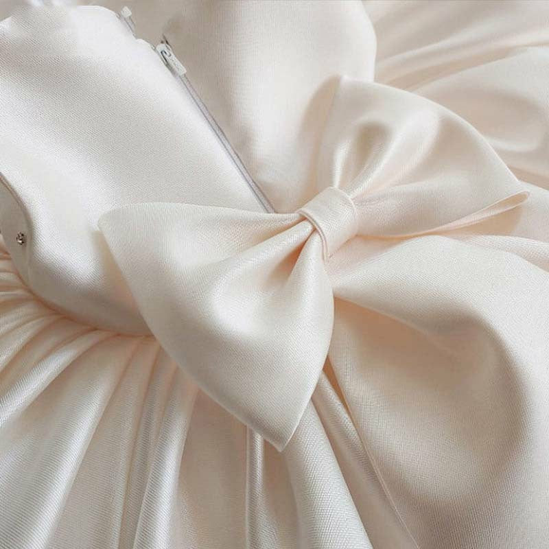 TinyTulle Elegant Sweetheart Neck Satin Flower Girl Dress with Bow and Beaded Details