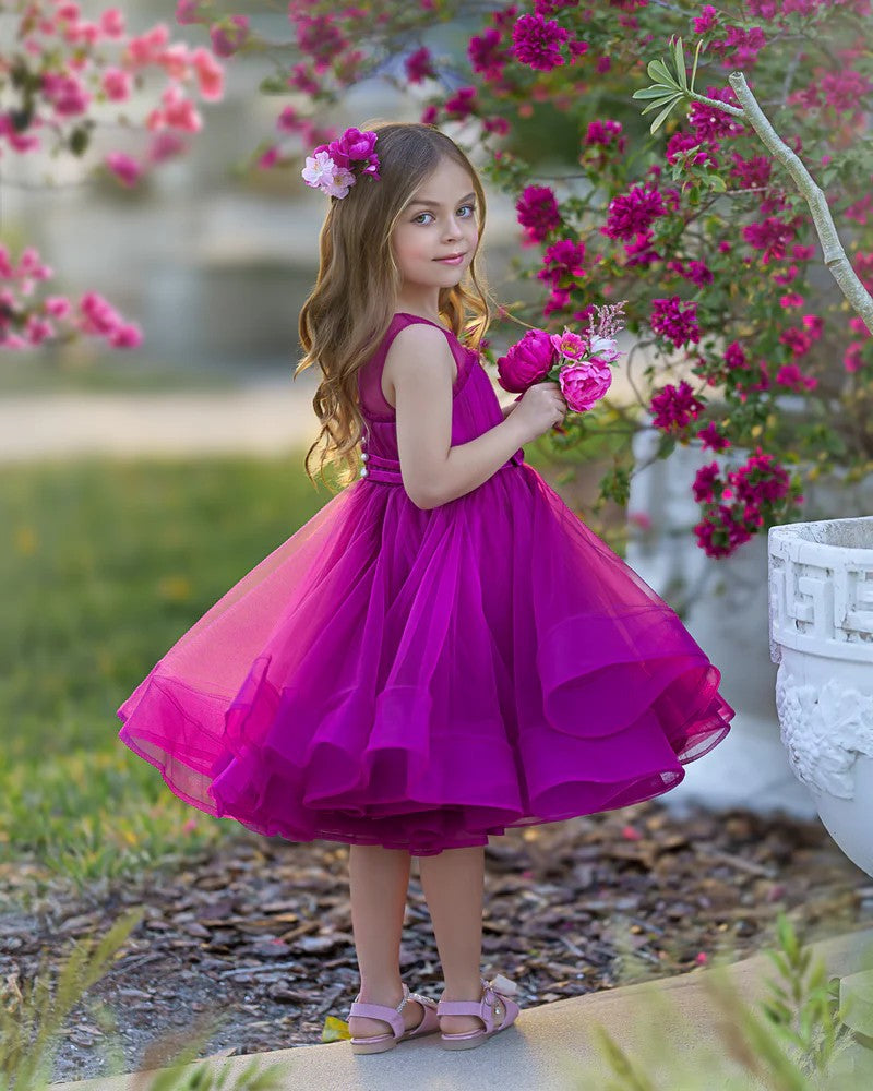TinyTulle Elegant Magenta Tulle Flower Girl Dress with Bow Waist and Flowy Hem