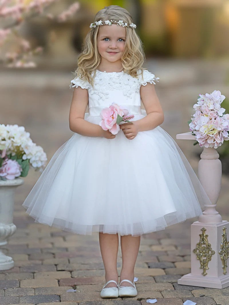 TinyTulle White Satin Tulle Tea-Length Flower Girl Dress for First Communion &amp; Wedding
