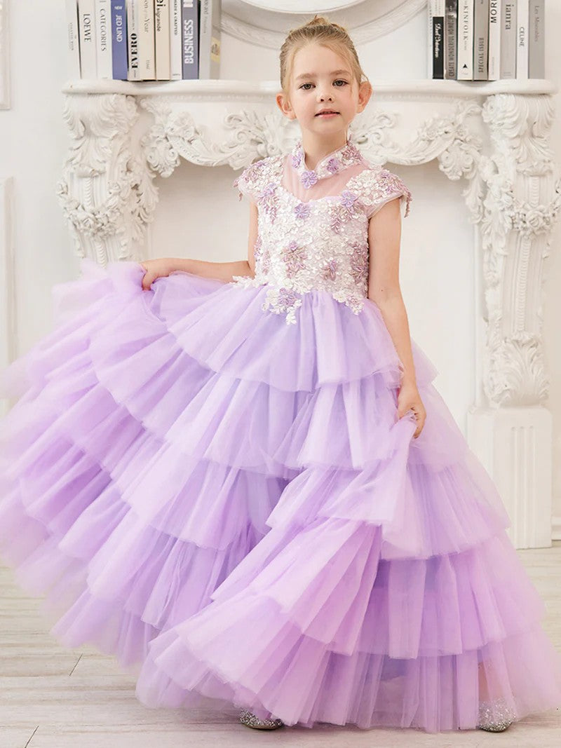 TinyTulle Lilac Cap Sleeve Lace Appliqué Tulle Flower Girl Dress for Special Occasions