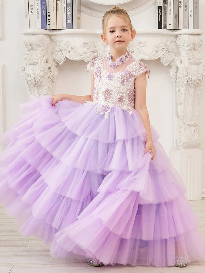 TinyTulle Lilac Cap Sleeve Lace Appliqué Tulle Flower Girl Dress for Special Occasions