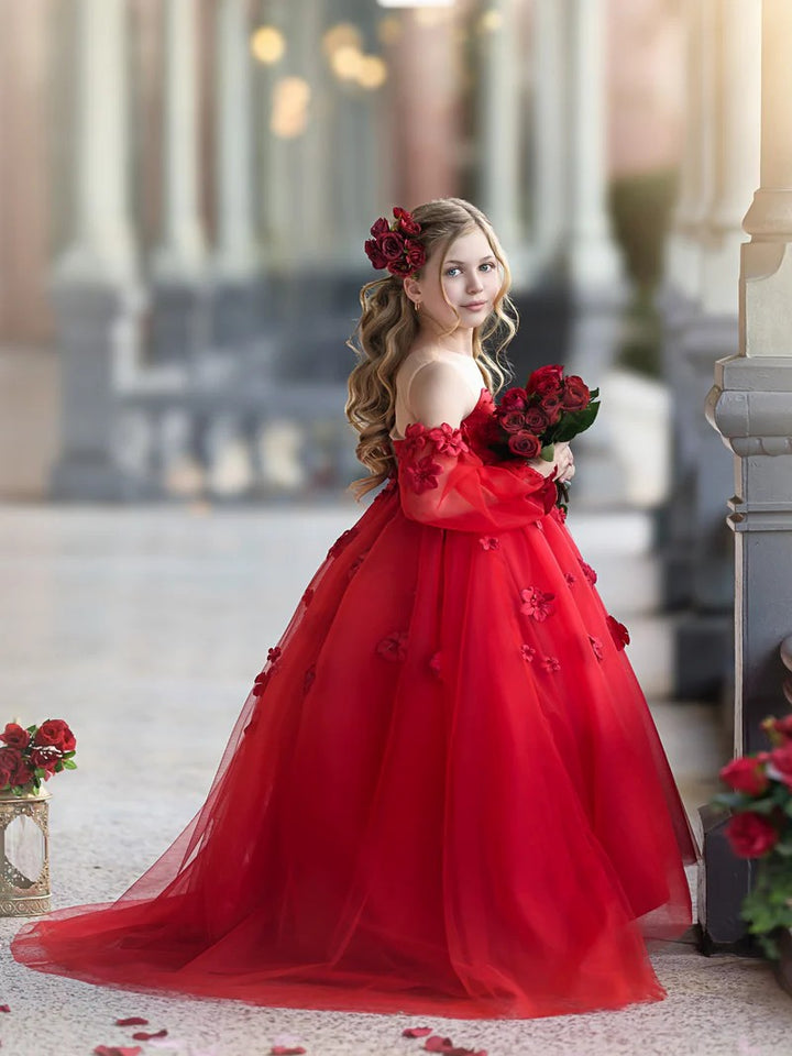 TinyTulle Romantic Off-the-Shoulder Tulle Princess Dress with 3D Floral Details