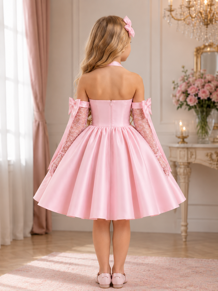 TinyTulle Pink Satin Flower Girl Dress with Lace Gloves, Pearl Trim &amp; Bow Details