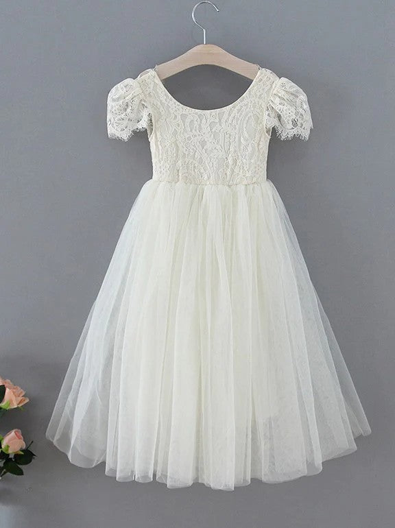 TinyTulle White A-Line Lace Ankle-length Boho Flower Girl Dress