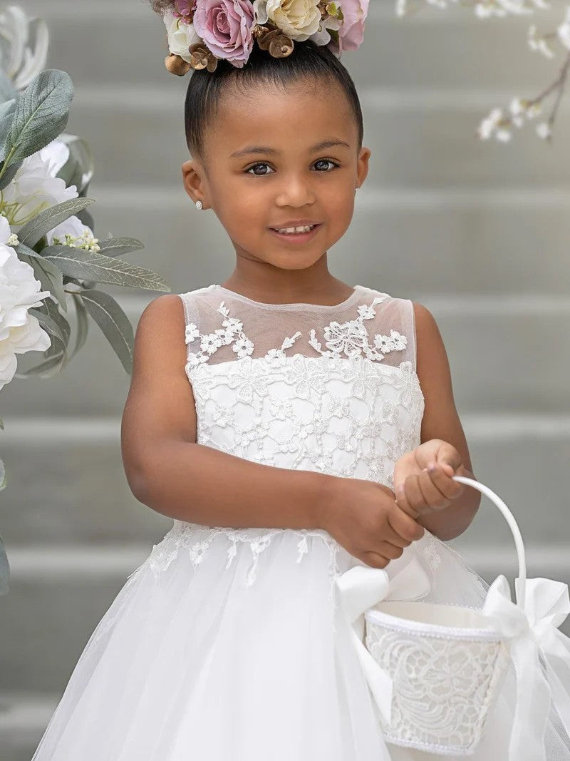 TinyTulle White Floral Applique Tulle Flower Girl Dress for First Communion &amp; Wedding