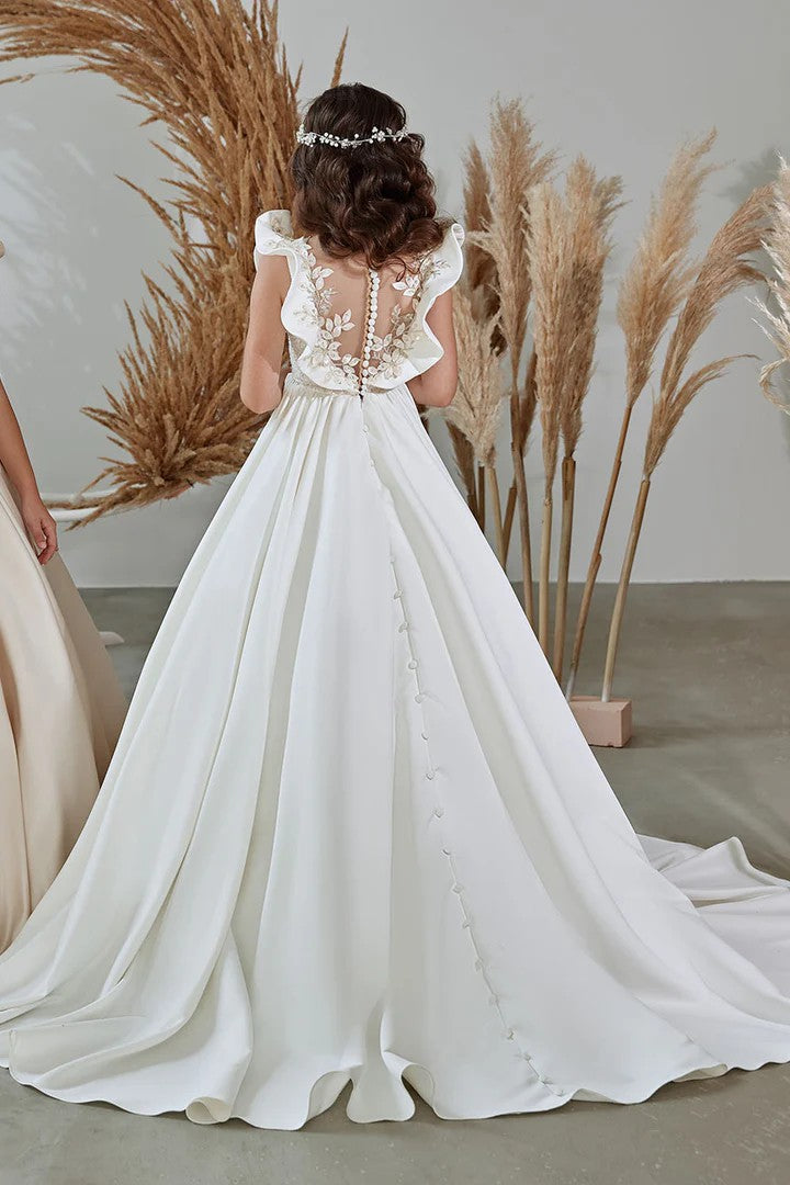TinyTulle Elegant Flutter Sleeve Satin Flower Girl Dress with Pearl Lace Back