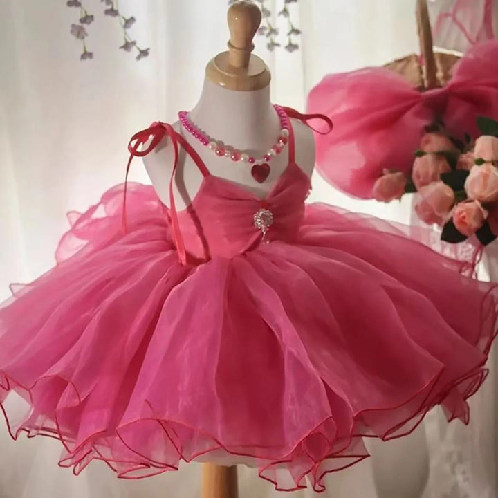 TinyTulle Fuchsia V-Neck Sleeveless Tulle Princess Flower Girl Dress with Bow