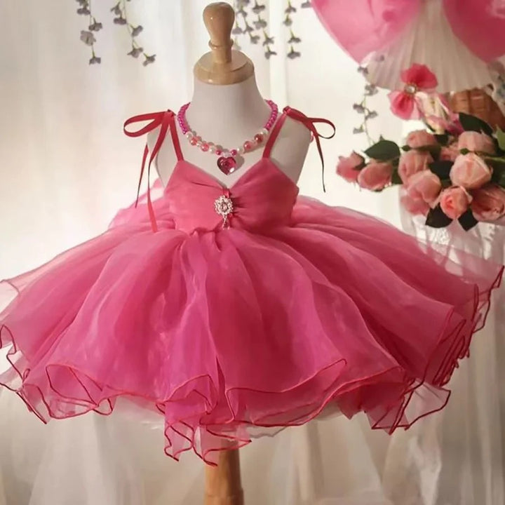 TinyTulle Fuchsia V-Neck Sleeveless Tulle Princess Flower Girl Dress with Bow