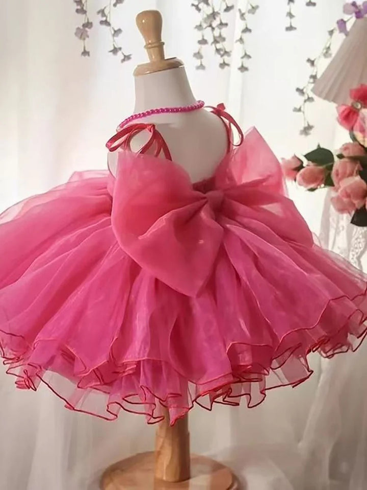 TinyTulle Fuchsia V-Neck Sleeveless Tulle Princess Flower Girl Dress with Bow