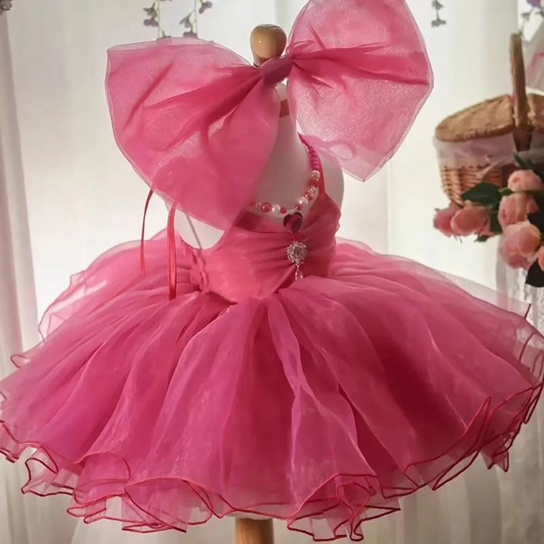 TinyTulle Fuchsia V-Neck Sleeveless Tulle Princess Flower Girl Dress with Bow