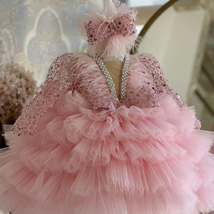 TinyTulle Sequined Layered Tulle Ball Gown Flower Girl Dress for Birthday Party