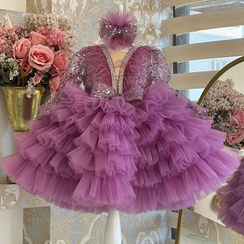 TinyTulle Sequined Layered Tulle Ball Gown Flower Girl Dress for Birthday Party