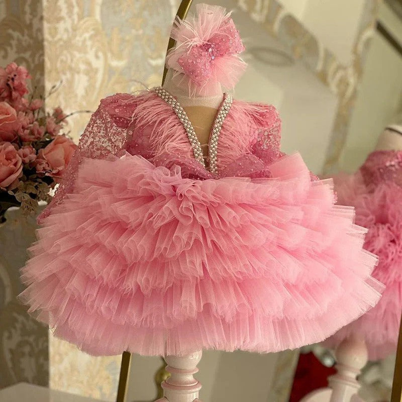 TinyTulle Sequined Layered Tulle Ball Gown Flower Girl Dress for Birthday Party