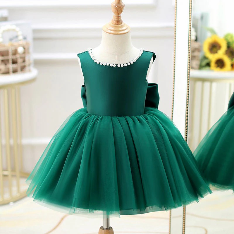 TinyTulle Elegant Green A-Line Flower Girl Dress with Bow and Pearl Details