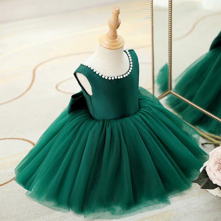 TinyTulle Elegant Green A-Line Flower Girl Dress with Bow and Pearl Details
