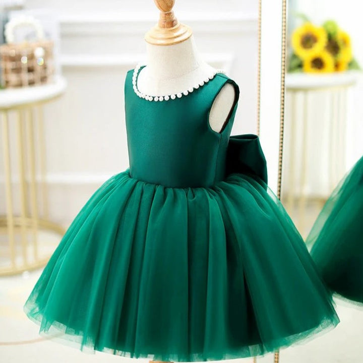 TinyTulle Elegant Green A-Line Flower Girl Dress with Bow and Pearl Details