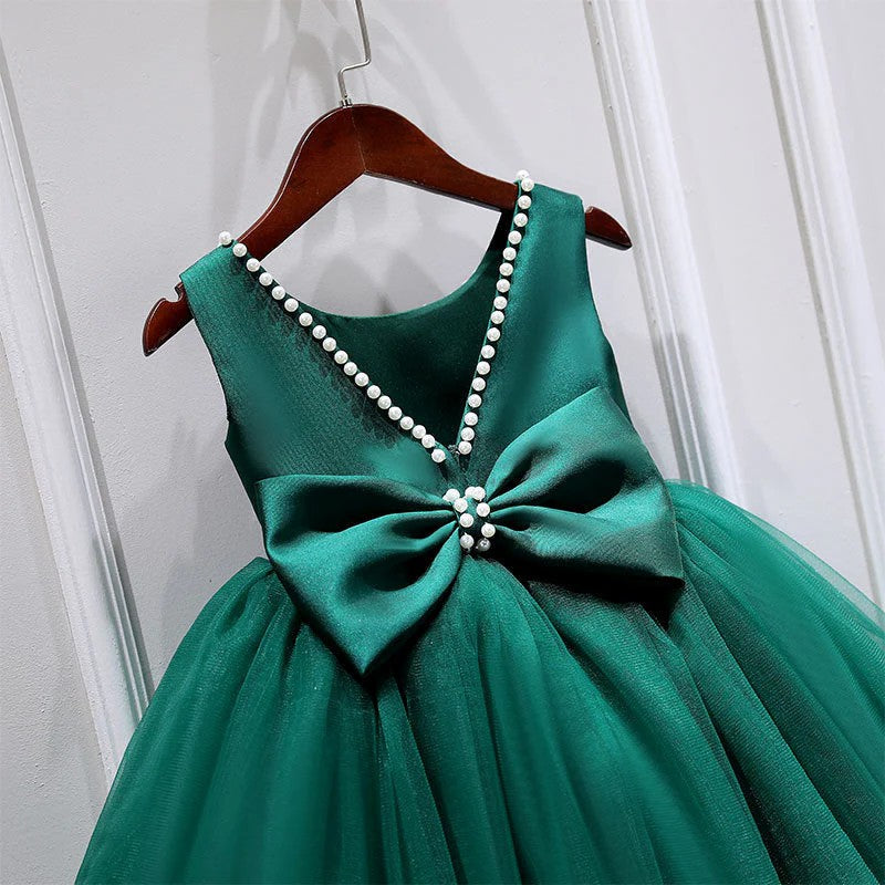 TinyTulle Elegant Green A-Line Flower Girl Dress with Bow and Pearl Details