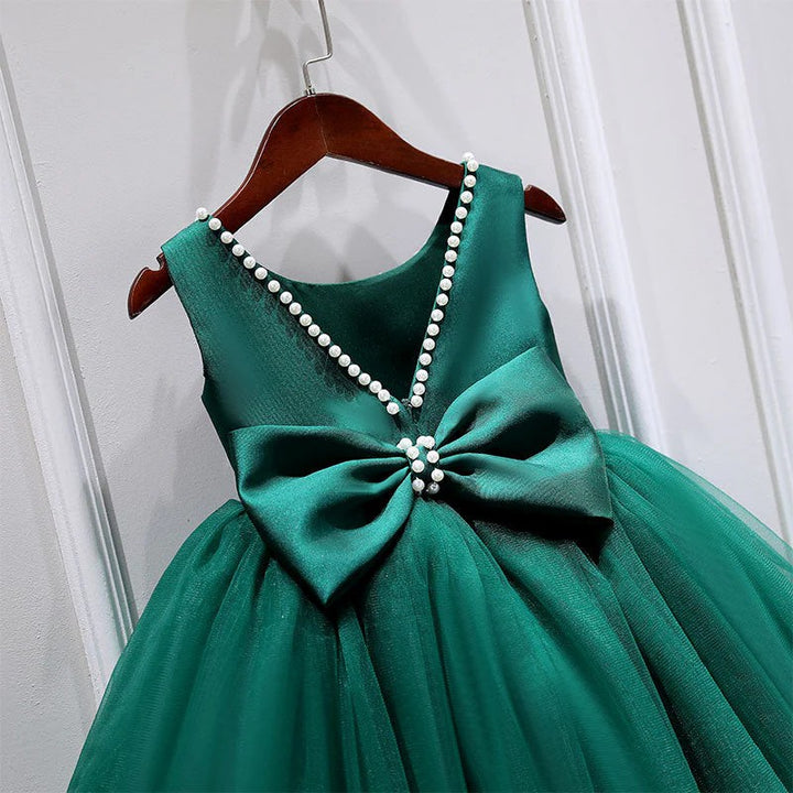 TinyTulle Elegant Green A-Line Flower Girl Dress with Bow and Pearl Details