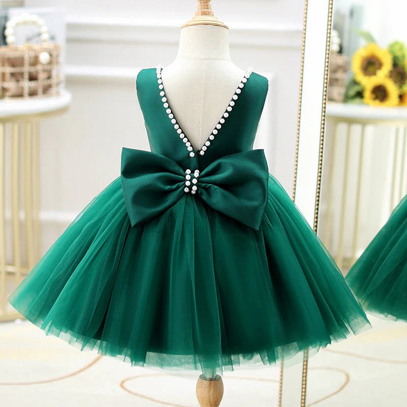 TinyTulle Elegant Green A-Line Flower Girl Dress with Bow and Pearl Details