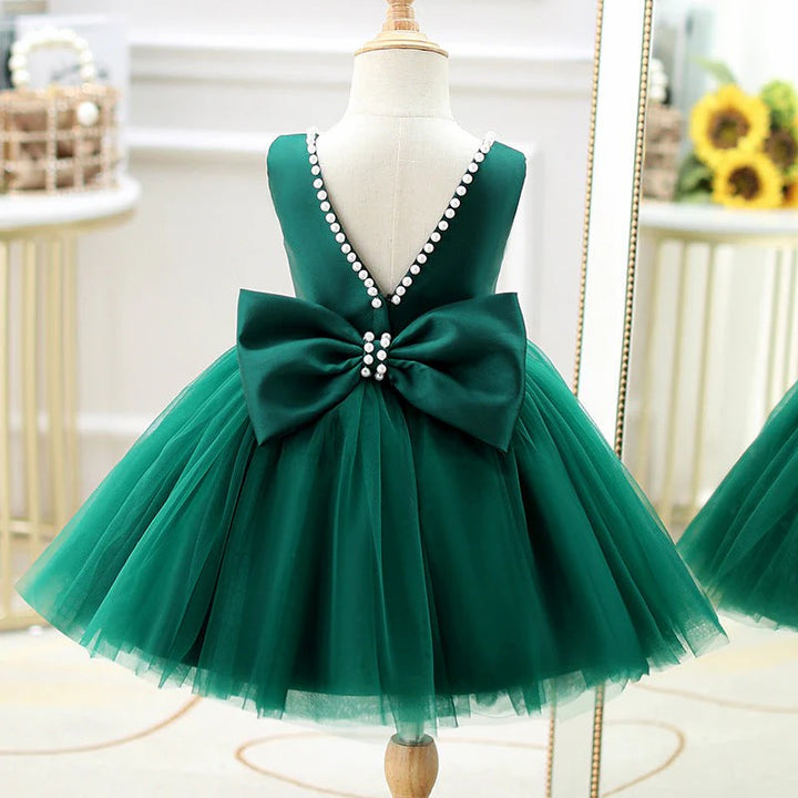 TinyTulle Elegant Green A-Line Flower Girl Dress with Bow and Pearl Details