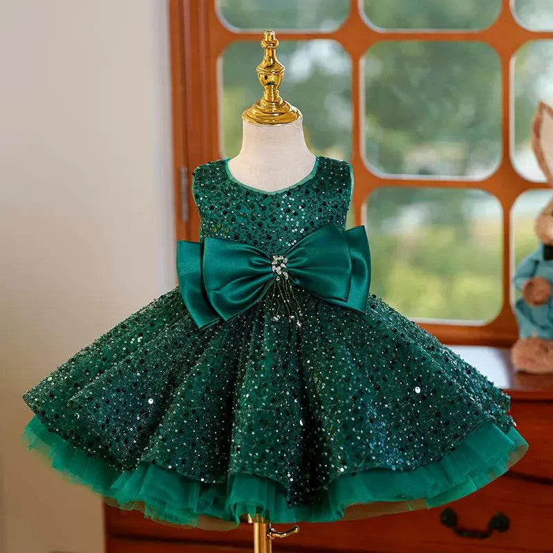 TinyTulle Green Sequin Sleeveless Tulle Flower Girl Dresses with Satin Bow