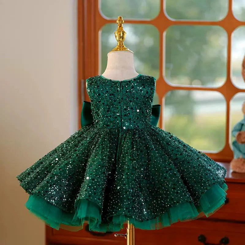 TinyTulle Green Sequin Sleeveless Tulle Flower Girl Dresses with Satin Bow