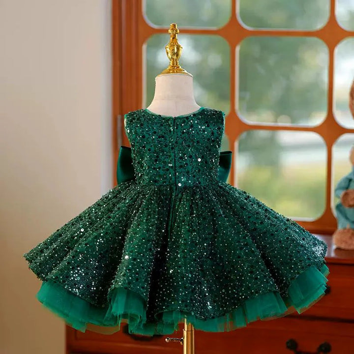 TinyTulle Green Sequin Sleeveless Tulle Flower Girl Dresses with Satin Bow