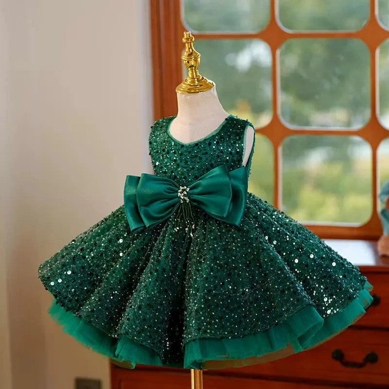 TinyTulle Green Sequin Sleeveless Tulle Flower Girl Dresses with Satin Bow