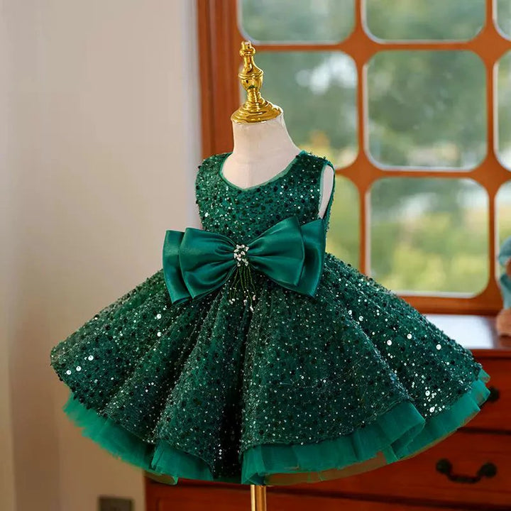 TinyTulle Green Sequin Sleeveless Tulle Flower Girl Dresses with Satin Bow