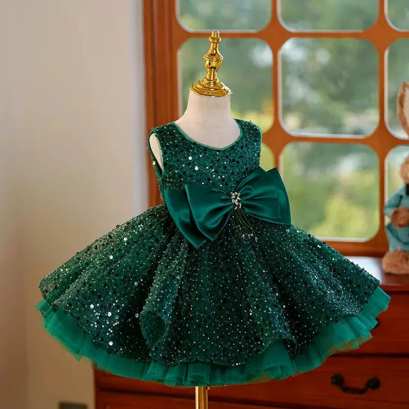 TinyTulle Green Sequin Sleeveless Tulle Flower Girl Dresses with Satin Bow
