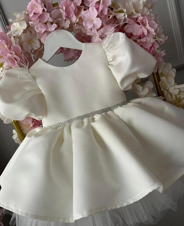 TinyTulle Elegant Ivory Satin Tulle Flower Girl Dress with Oversized Bow