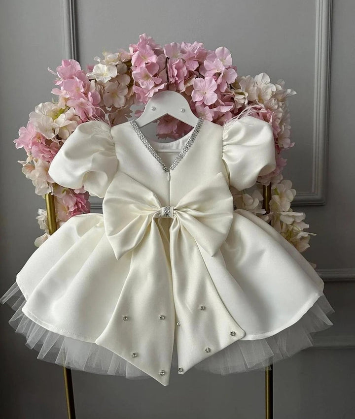 TinyTulle Elegant Ivory Satin Tulle Flower Girl Dress with Oversized Bow
