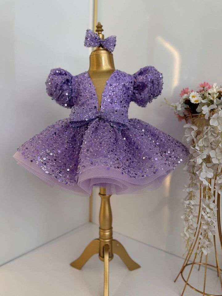 TinyTulle Purple Sequin Puff Sleeve Tulle Flower Girl Dress with Bow