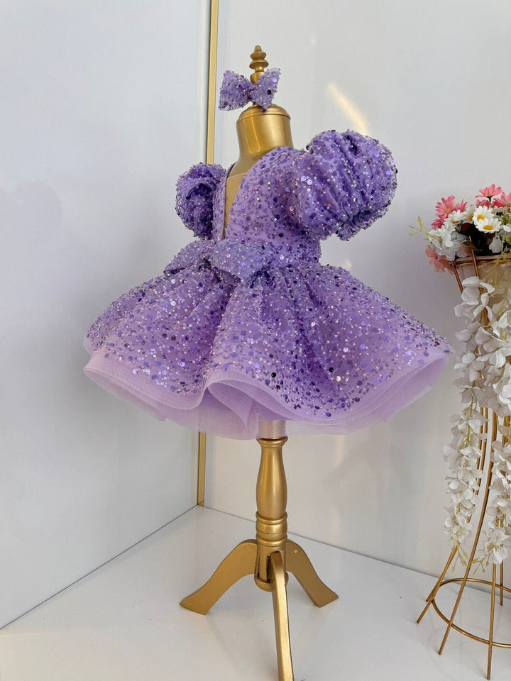 TinyTulle Purple Sequin Puff Sleeve Tulle Flower Girl Dress with Bow