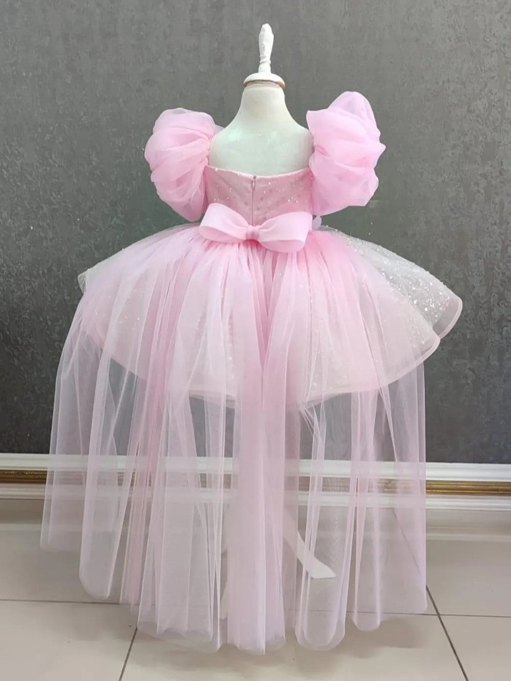 TinyTulle Pink Puff Sleeve Tulle Flower Girl Dress with Detachable Train and Bow