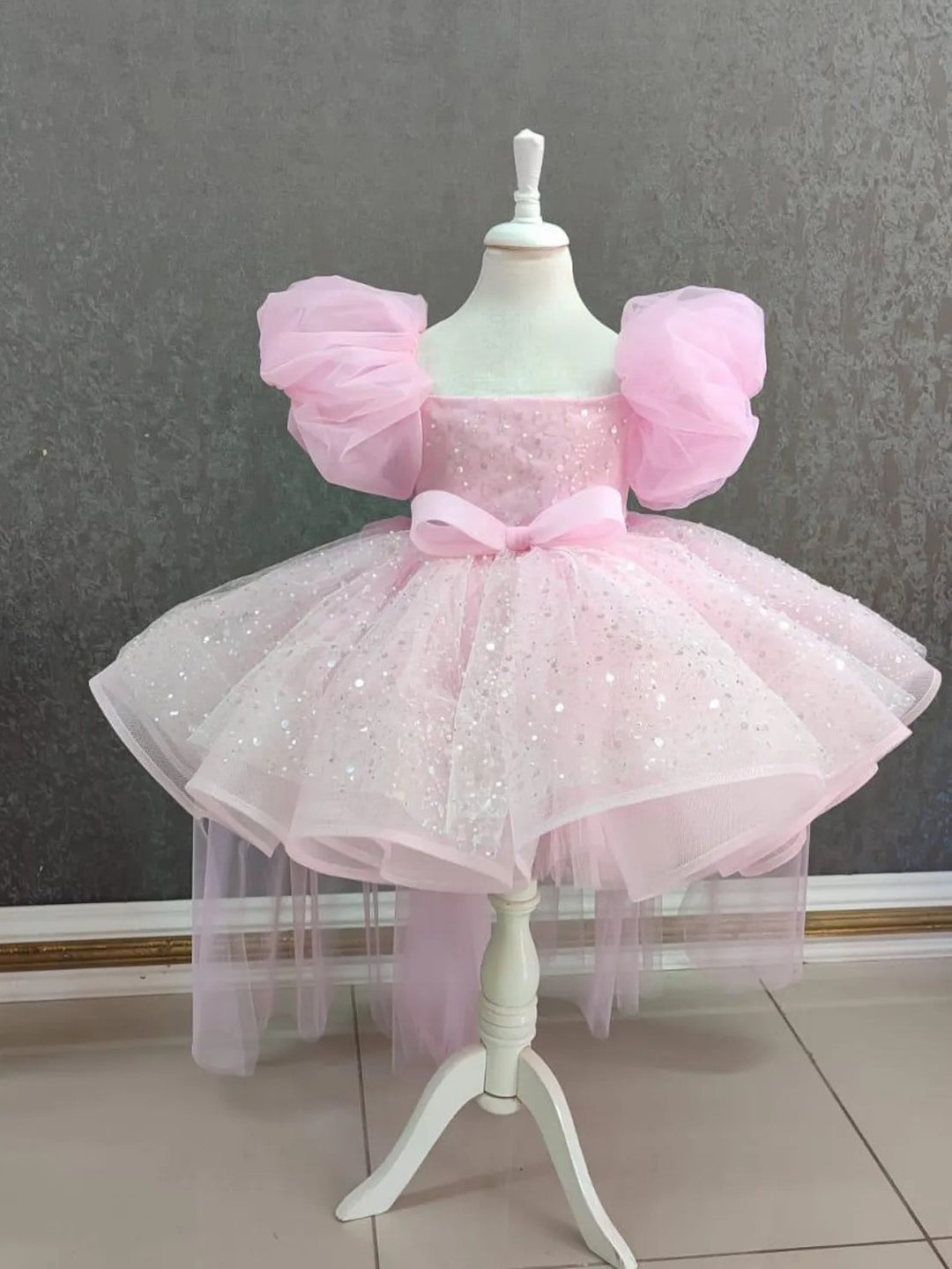TinyTulle Pink Puff Sleeve Tulle Flower Girl Dress with Detachable Train and Bow