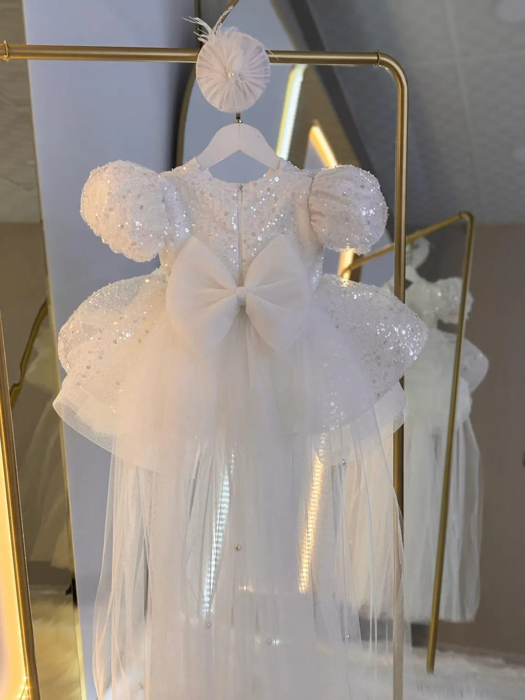TinyTulle Enchanted White Sequin Puff Sleeve Flower Girl Dress with Bow Train