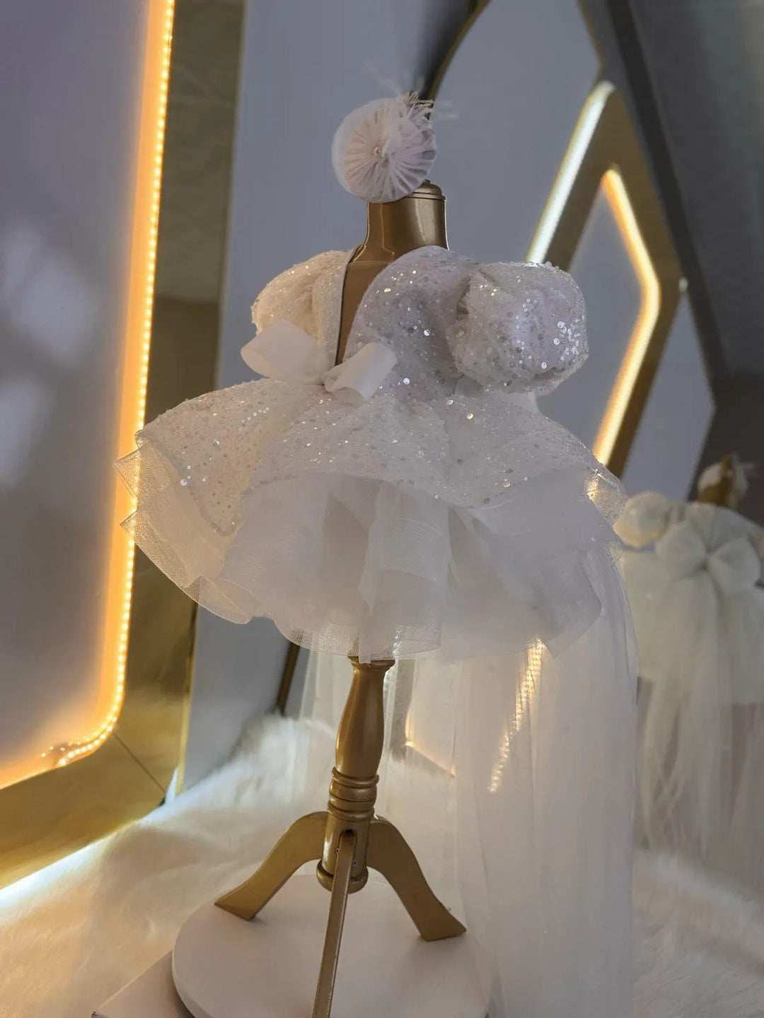 TinyTulle Enchanted White Sequin Puff Sleeve Flower Girl Dress with Bow Train