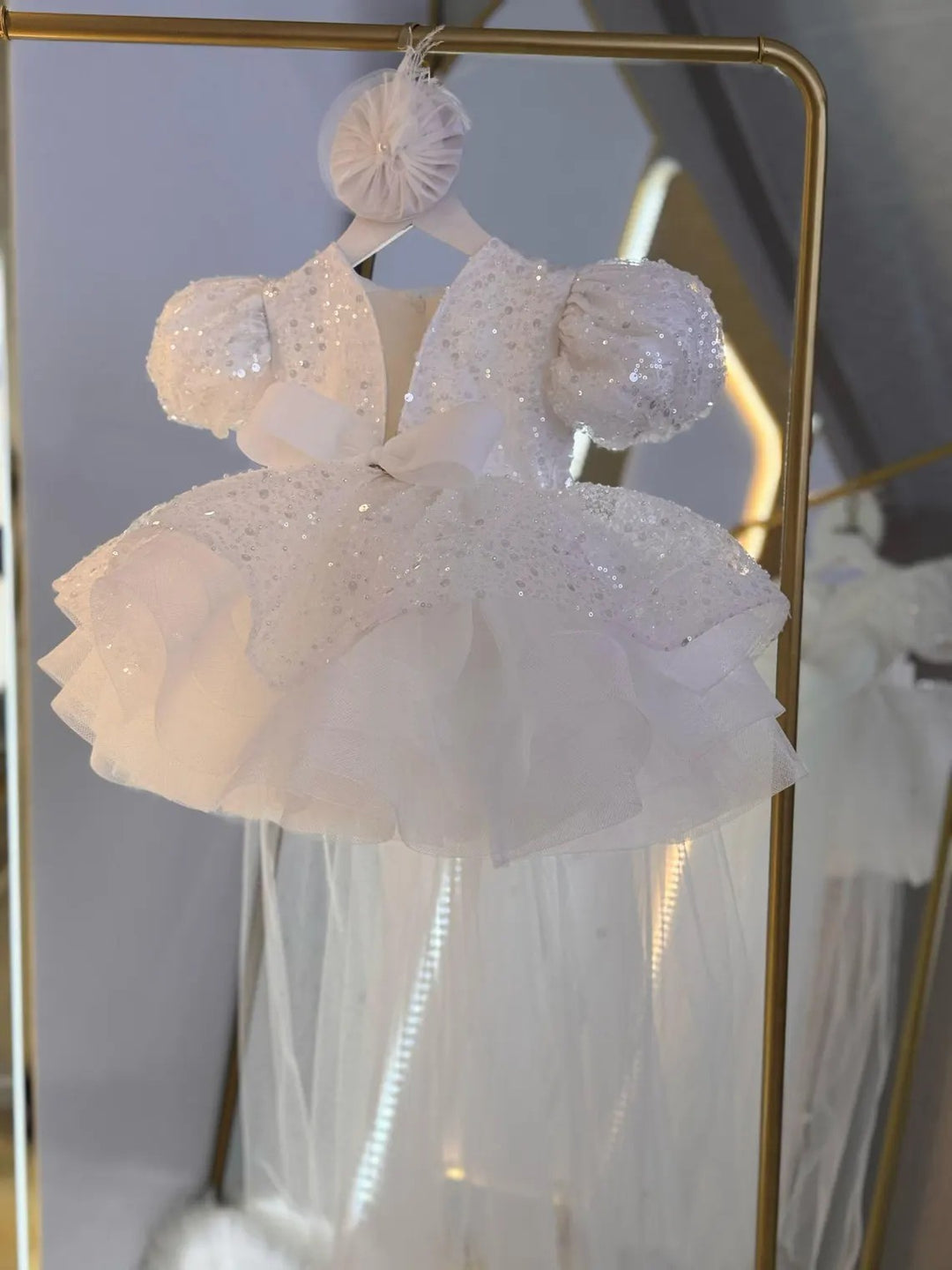 TinyTulle Enchanted White Sequin Puff Sleeve Flower Girl Dress with Bow Train