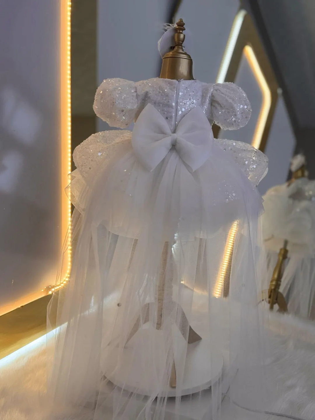 TinyTulle Enchanted White Sequin Puff Sleeve Flower Girl Dress with Bow Train